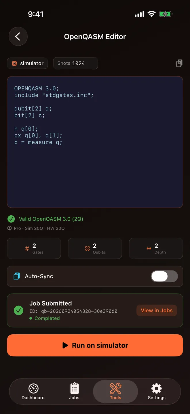 Q-Bridge: OpenQASM 3 editor: a two-qubit circuit run on the simulator.
