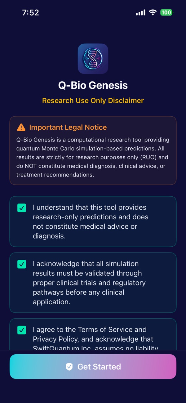 Q-Bio Genesis — Research Use Only (RUO), stated on the first screen.