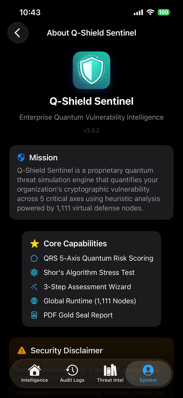 Q-Shield Sentinel — Five-axis quantum-risk score from a 3-step questionnaire.