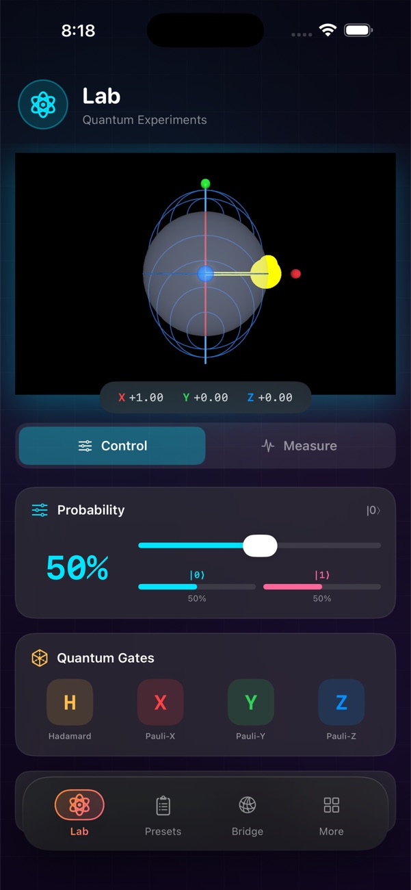 SwiftQuantum: The Lab: Bloch sphere, gates and live probabilities.