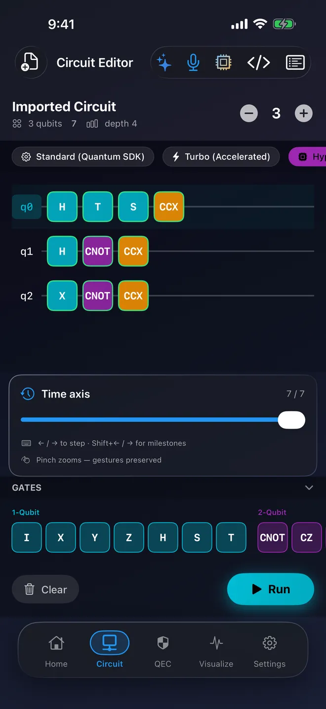 SwiftQuantum — The circuit editor: gates on three qubits, with an engine picker and a time axis.
