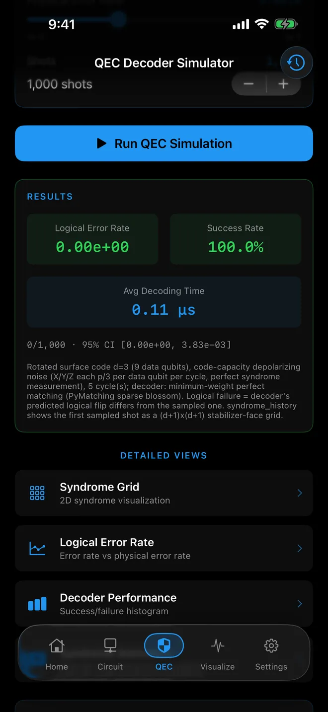 SwiftQuantum — QEC decoder simulator: results of a 1,000-shot run.